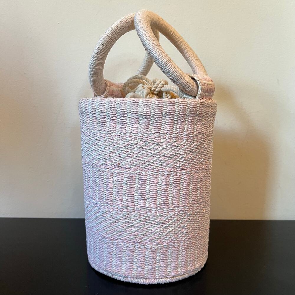 Sigrid Olsen Pink Cream White Top Handle Woven Drawstring Bucket Bag